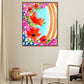 A vibrant watercolor mixed media fine art print featuring abstract floral elements in magenta, orange, and yellow with contrasting garden greens and sapphire blues, presented in a modern natural solid wood float frame.