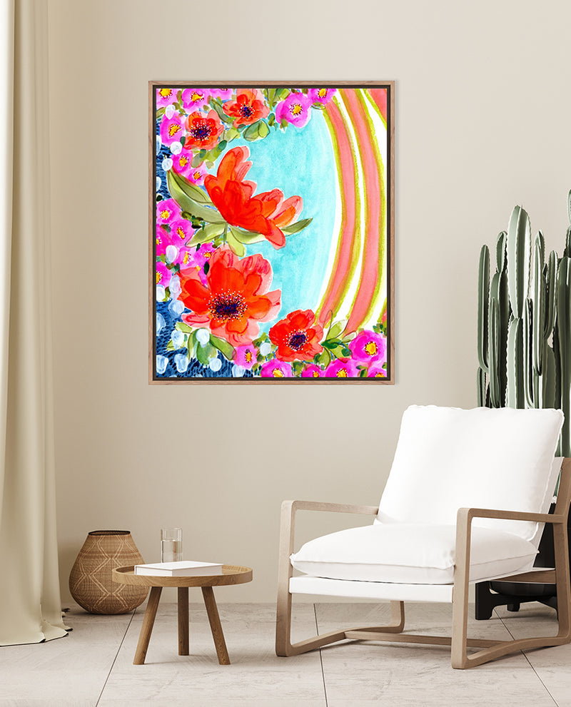 A vibrant watercolor mixed media fine art print featuring abstract floral elements in magenta, orange, and yellow with contrasting garden greens and sapphire blues, presented in a modern natural solid wood float frame.