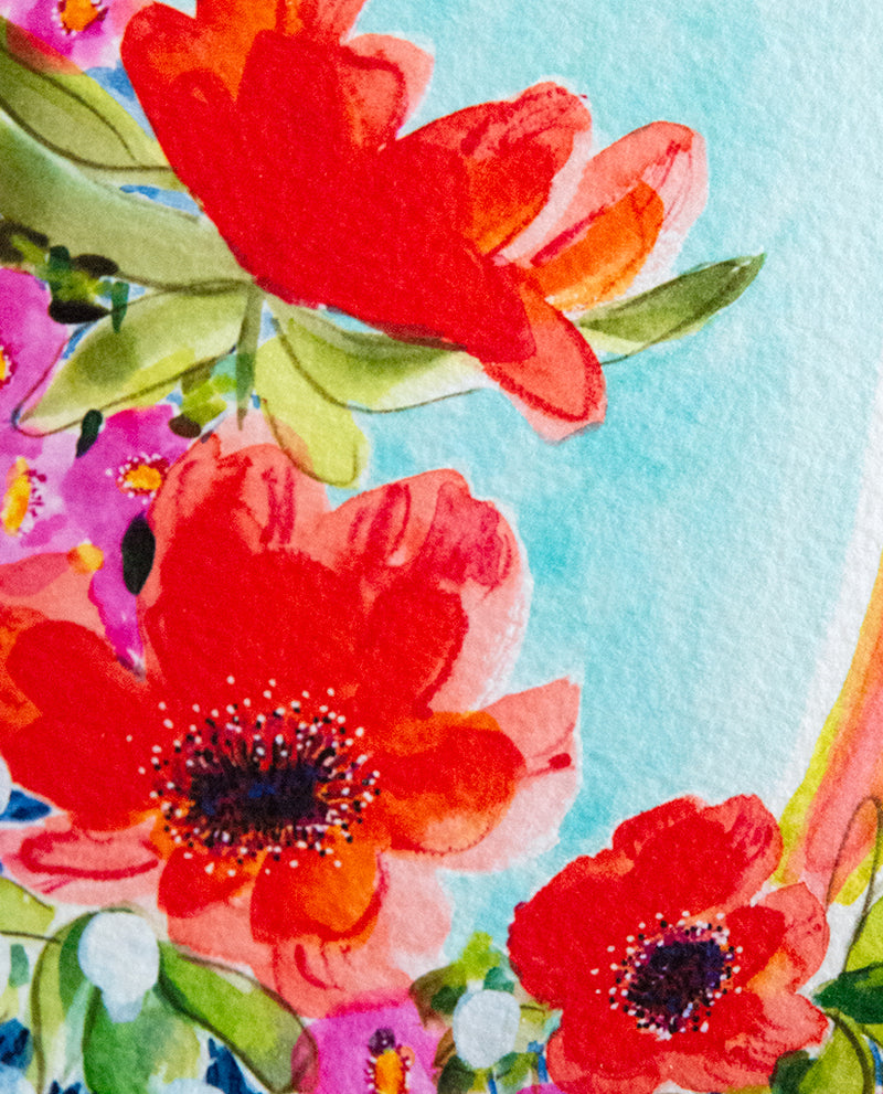A vibrant watercolor mixed media fine art print featuring abstract floral elements in magenta, orange, and yellow with contrasting garden greens and sapphire blues, available as a fine art print or have it framed ready to hang.